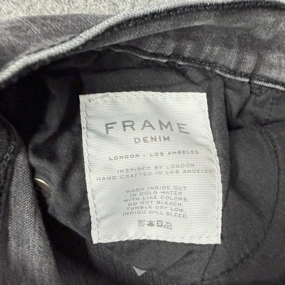 Frame Denim Le Skinny de Jeanne Jeans 27 Charcoal Gray Distressed Knee Raw Hem
